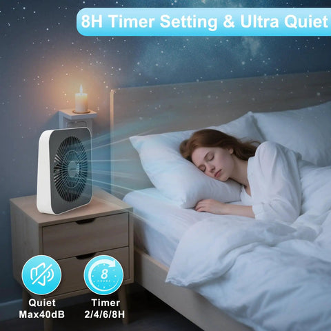 10 Inch Box Fan With 3 Speeds And 8 Hour Timer Quiet Square Window Fan for bedroom use, energy-efficient, placed on nightstand