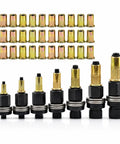 77-Piece Carbon Steel Rivet Nut Tool Kit With M3 To M12 Mandrels And 70 Rivet Nuts For Manual Or Drill Use, A Must-Have For Sheet Metal Auto Repair And DIY Projects. M3-M12 mandrels and rivet nuts shown
