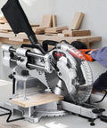 Sliding Compound Miter Saw With 12-Inch Blade, 15 Amp Motor, LED Precision Alignment, cutting wood in workshop