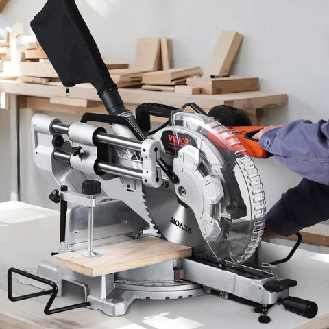 Sliding Compound Miter Saw With 12-Inch Blade, 15 Amp Motor, LED Precision Alignment, cutting wood in workshop