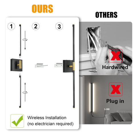 30 Inch Battery Powered Wall Sconces Set Of Two With Remote Dimmable LED Lighting In Black And Brushed Gold Finish comparison image