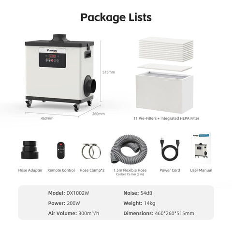 Package list for Laser Fume Extractor For Enclosed Laser Engravers And 3D Printers, 200W Motor, 177 CFM Airflow, HEPA Filter, 11 Pre-Filters, 110V