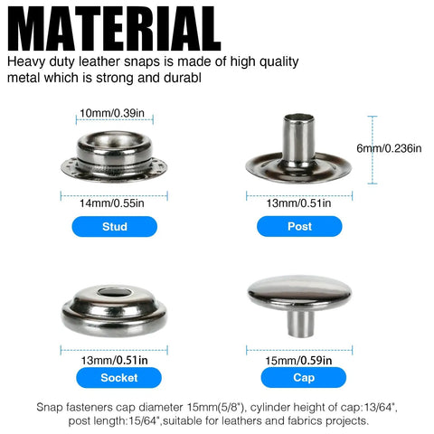 Components of 70 Sets 15mm Five Eighths Inch Heavy Duty Snap Fasteners Kit Metal Snaps For Leather Crafts Sewing And Repair Clothing