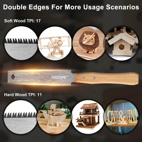 Double-edge of 6 Inch Pull Saw For Woodworking With Double Edge Blade 17 11 TPI, showcasing versatility for varied wood projects.