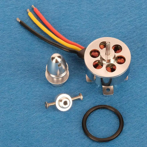 RC Brushless Motor 1700KV for Fixed Wing Planes with fast throttle response, metal body, and wiring components on blue background.