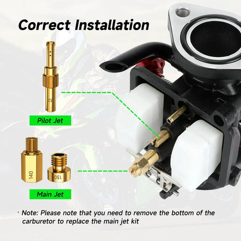 Correct installation of Carburetor Main Jet And Pilot Jet Kit for Keihin PWK CVK OKO KOSO Polini Carbs with images of jets.