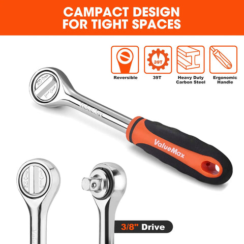 Heavy Duty Carbon Steel Socket Set With One Quarter Inch And Three Eighths Inch Drive, 3/8in ratchet wrench with ergonomic handle