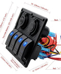 Waterproof Marine Four Gang Rocker Switch Panel With Dual USB Ports Cigarette Lighter And LED Blue Light For Car RV Boat Truck 12V 24V DC Heavy Duty ABS IP68
