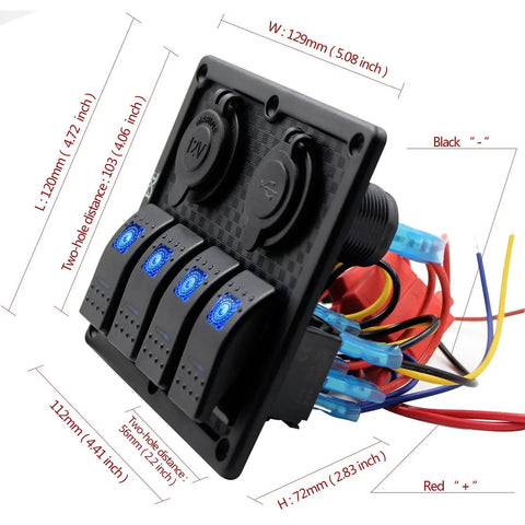 Waterproof Marine Four Gang Rocker Switch Panel With Dual USB Ports Cigarette Lighter And LED Blue Light For Car RV Boat Truck 12V 24V DC Heavy Duty ABS IP68