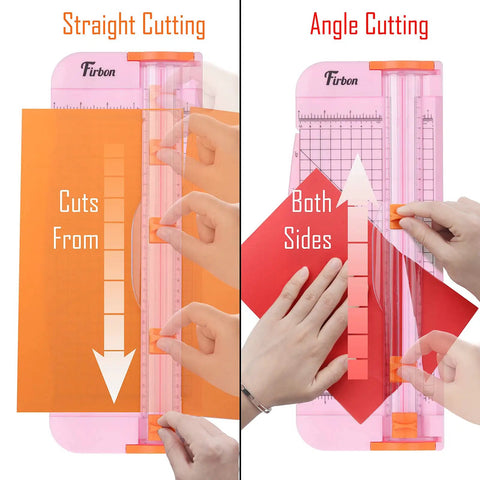 12 Inch Titanium Paper Cutter With Side Ruler For Scrapbooking And Crafting No Fuss Paper Trimmer Guillotine showing straight and angle cuts