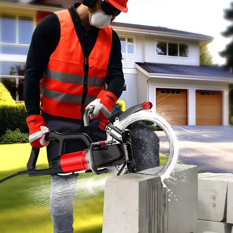 Crush Tough Slab Cutting Jobs This Heavy Duty Electric Ring Saw packs 8800W raw power cutting concrete block with water spray.