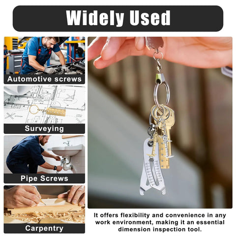 Hand holding 5 Piece Bolt Size Finder Tool Set With Mini Vernier Calipers And Small Ruler, Portable Nut And Bolt Thread Checker, Keychain Sizer, And Bolt Head Size Finder for Pros And DIYers.
