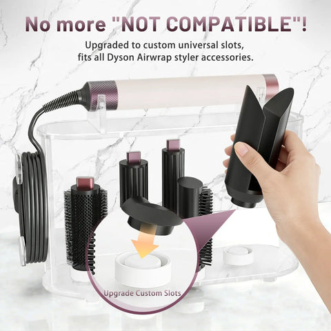 Clear Acrylic 6 Slot Storage Stand For Dyson Airwrap Accessories with attachments on vanity, showing custom slot design.
