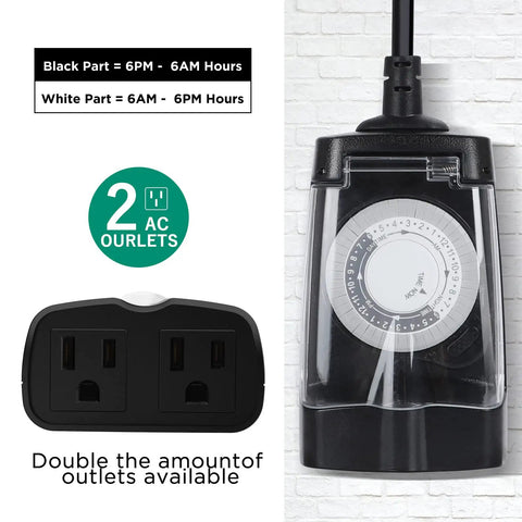 Rugged Outdoor Timer Outlet With Two Grounded Outlets 24 Hour Mechanical Dial Waterproof ETL Listed For Outdoor Lights Control