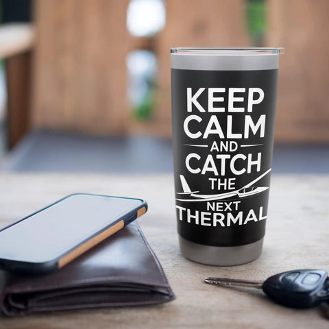 Glider Pilot Insulated Stainless Steel Tumbler for Sailplane Club Members on table with phone and keys