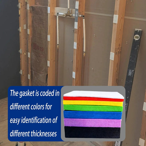 Ultimate Foam Wall Flattening Shim Kit For Straightening Out Them Wobbly Drywall Surfaces And Ceilings showing color-coded foam shims for easy thickness identification.