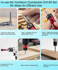 Heavy Duty Eight Piece Countersink Drill Bit Set Featuring Adjustable Depth Stops And No Sweat Quick Swap Hex Shank for wood and metal usage steps.