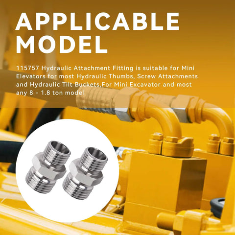 Front view of two silver hydraulic hose thread connectors for mini excavator attachments