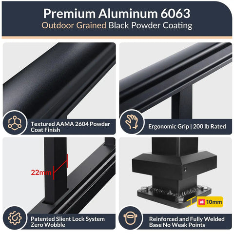 Rock Solid Modular Aluminum Deck Railing Kit With Built In Lighting 36 By 6 Feet Four Pack close-up of premium aluminum components and features.
