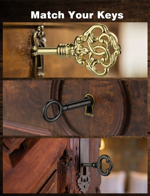 26 Key Universal Skeleton Key Set for Antique Dresser Cabinets featuring ornate brass and black keys in vintage locks.