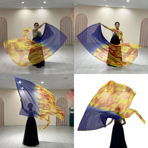 A dancer with soft chiffon worship flags for dance, displaying fluid moves in vibrant colors during a performance.