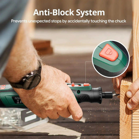 Man using Beast Cordless Rotary Tool Kit with 8V 2.0Ah rechargeable battery drilling into wood, anti-block system shown