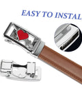 Quick Release Women Belt Buckle For Jeans Auto Buckle Waist Strap Fastener, durable alloy, shown installed with heart detail.