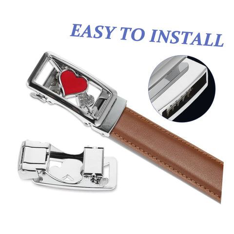 Quick Release Women Belt Buckle For Jeans Auto Buckle Waist Strap Fastener, durable alloy, shown installed with heart detail.