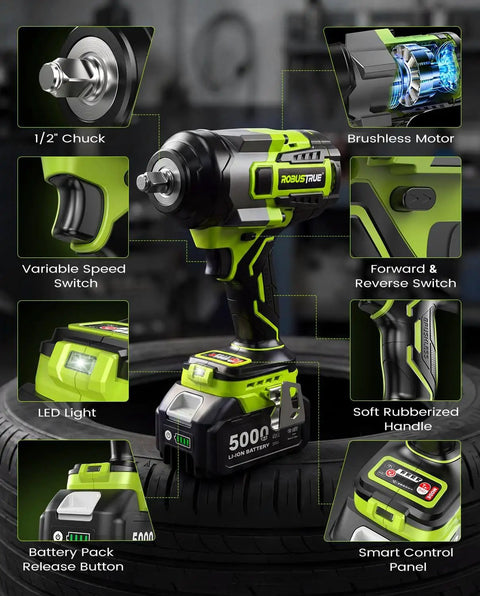 Beefy Cordless Impact Wrench 2000Nm Brushless High Torque One Half Inch Drive, 18V Power Tool on tire with 5000mAh battery