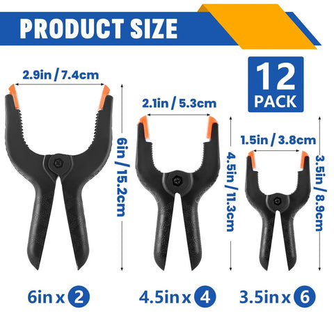 12 Pack Plastic Spring Clamps Set With 3.5 Inch 4.5 Inch And 6 Inch Black Heavy Duty Nylon Clips, product size display