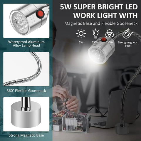 Heavy Duty Magnetic LED Work Light With A Flexible Gooseneck And Ironclad Magnet Base For weekend grinds and quick shop fixes showing waterproof lamp head.
