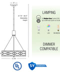 Diagram of Modern Lattice Drum Pendant Chandelier 3 Light Hanging Light With Glass Diffuser In Brushed Nickel Finish Perfect For Living Room Or Dining Area Home Decor, showcasing dimensions and bulb types.