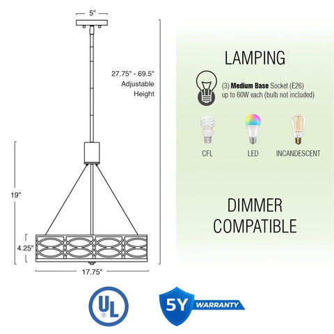 Diagram of Modern Lattice Drum Pendant Chandelier 3 Light Hanging Light With Glass Diffuser In Brushed Nickel Finish Perfect For Living Room Or Dining Area Home Decor, showcasing dimensions and bulb types.