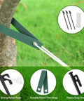 Heavy Duty Tree Stakes And Ground Anchor Kit For Young Trees, featuring 3 metal stakes, nylon straps, and 32.8 ft rope on grassy lawn.
