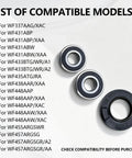 List of compatible washer models for Heavy Duty Washer Tub Bearings And Seal Kit, showing three bearings on a white background.