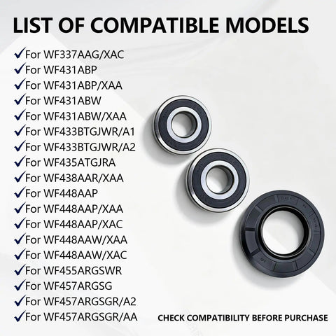 List of compatible washer models for Heavy Duty Washer Tub Bearings And Seal Kit, showing three bearings on a white background.