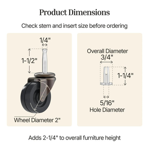 Kick It Slick Antique Brass Caster With Soft Rubber Wheel Two Inch Diameter Grip Stem Heavy Duty Roller dimensions chart.