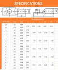 Specifications chart for Battery Cable Lug Crimp Tool Kit With Copper Lugs Wire Cutter And Heavy Duty Case Works With AWG 10 to 1/0 Gauge.