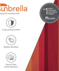 Sunbrella fabric swatches in shades of red with icons for long-lasting comfort, weather resistance, and easy cleaning.