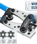 Pro Grade Battery Cable Lug Crimping Tool Kit for AWG Ten to One Zero Wires, detail of precision jaws for multiple wire sizes.