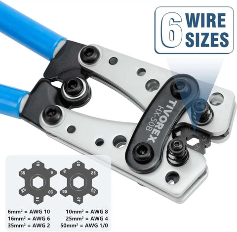 Pro Grade Battery Cable Lug Crimping Tool Kit for AWG Ten to One Zero Wires, detail of precision jaws for multiple wire sizes.