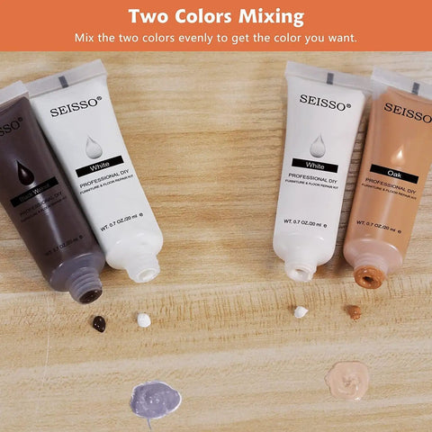 Heavy Duty Wood Repair Kit And Touch Up Paint For Furniture Scratches And Stains hardwood floor cabinet; White, Black Walnut, and Oak paint tubes for mixing.