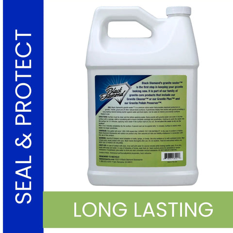 Hassle Free Spray Sealant That Locks Down Granite And Marble Countertops Against Daily Messes While Delivering Contractor Grade Stain Defense That Keeps Stone Surfaces Looking Fresh And Completely Water Repellent Year Round in a white plastic gallon container.