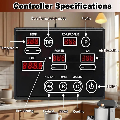Controller specifications of Smokeless Electric Coffee Bean Roaster For Home And Office with digital display settings.