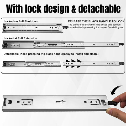 Diagram showing Heavy Duty Locking Drawer Slides 22 Inch One Pair Full Extension with Lock 250 Lb Capacity, side and top views