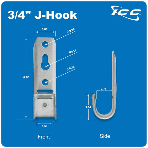 Three Quarter Inch Wall Mount J-Hooks Pack Of 25 For Cable Management, Galvanized Steel With Zinc Finish, Front and Side View