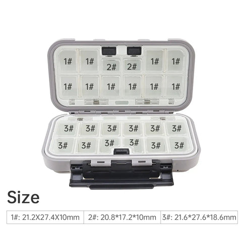 Double Sided Waterproof Tackle Storage Box With 16 Compartments, Heavy Duty Latch, Fishing Lure Organizer, open showing compartments