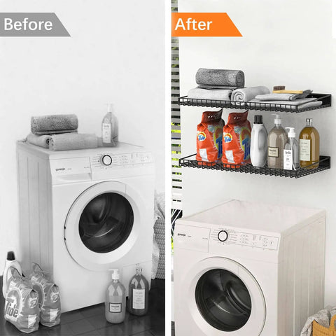 Before and after installation of 2 Pack Heavy Duty Garage Wall Shelves Built Tough, 23.5 X 12 Inches in laundry room