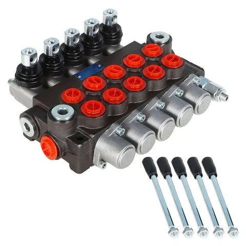 Heavy Duty Five Spool Hydraulic Control Valve Beefed Up 3600 PSI 13 GPM SAE Ports Inlet Outlet For Tractors Loaders And Log Splitters