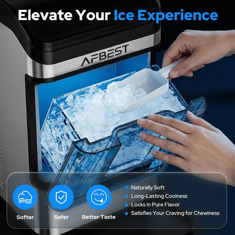 Upgrade Your Kitchen Vibe With This Portable Countertop Nugget Ice Maker Cranking Out ThirtyEight Pounds Fast Of Chewable Soft Ice And HassleFree Self Cleaning For Bars And Weekend Hangouts, showing hands scooping chewy ice.
